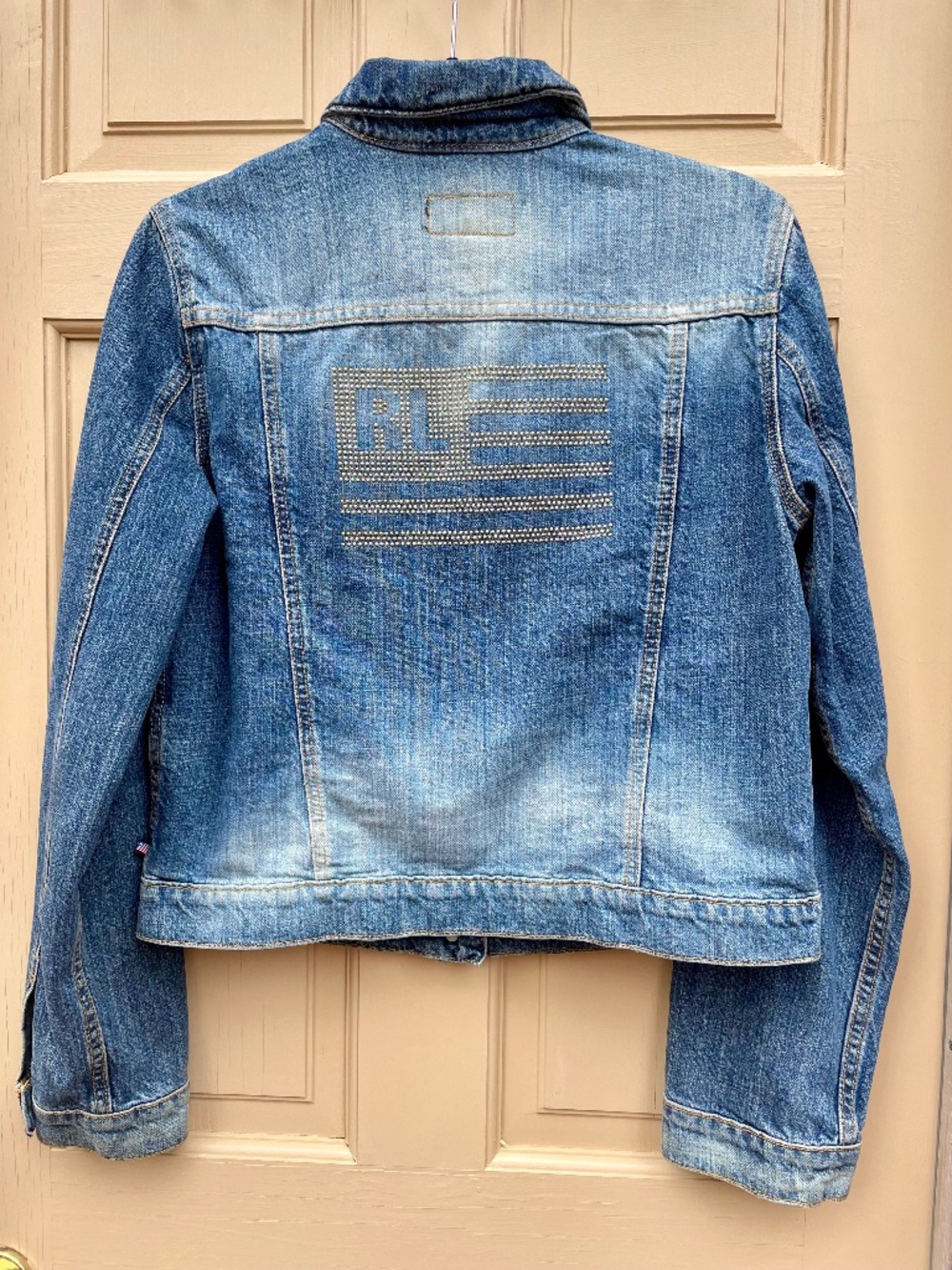 Vintage Ralph Lauren Denim Jacket, back is beaded with American Flag, sz. L
